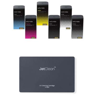 eufyMake E1 Ink Cartridge Kit - UV Ink (1 each) Black / Cyan / Magenta / Yellow / Gloss / White (100ml each, 600ml total) and 1 cleaning cartridge (380ml) (V7240 Hard Bundle)